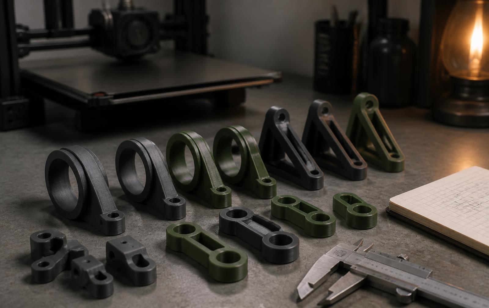 3D-printede deler i mørk grå og mosegrønn plast på en arbeidsbenk, med skyvelær og en 3D-printer i bakgrunnen.